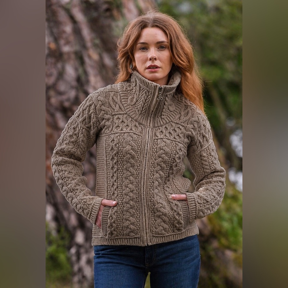 NWOT ARAN CRAFTS Double Collar Zip Merino Aran Cardigan‎‎‎‎
